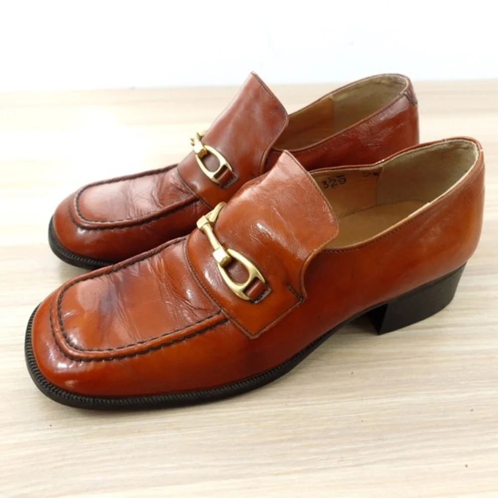 VINTAGE Italian Shoes Kids 35 2.5 Bourbon Brown Leather Horsebit Loafer‎ Formal